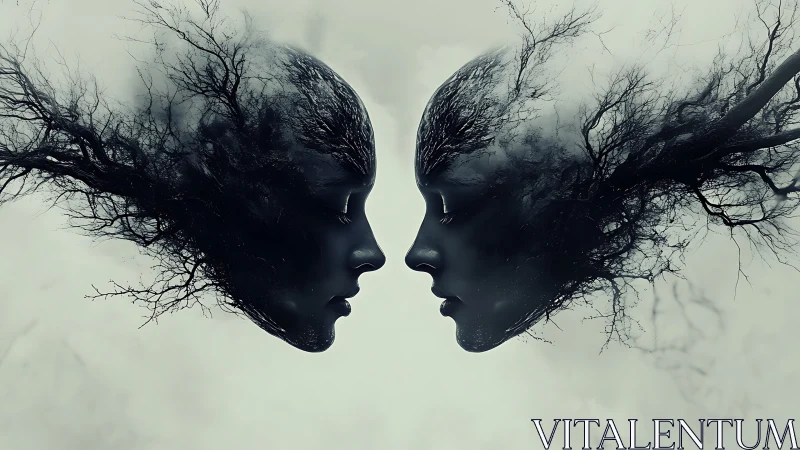 Mirrored human profiles dissolve into branching forest smoke