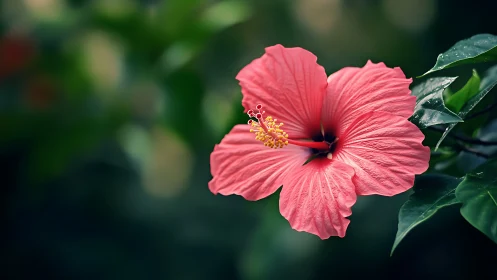 Coral-Pink Hibiscus with Profiled Stamen Architecture and Foliated Context.