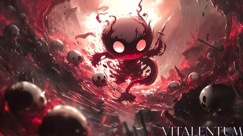 Playful void spirit swirling through a crimson stormscape.