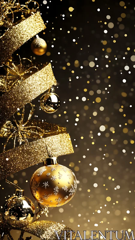 Specular golden ornaments on ribbon-wrapped festive tree spiral.