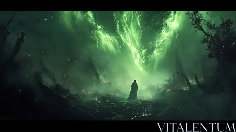 Lone cloaked figure confronts vast green spectral vortex
