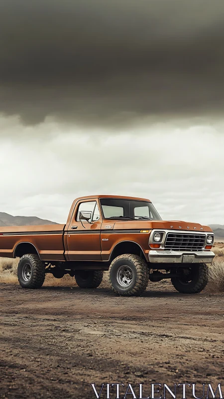Rusty-orange classic pickup waiting under stormy skies.