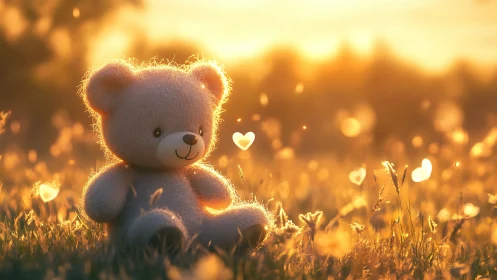 Soft teddy bear glows in warm golden sunset meadow light