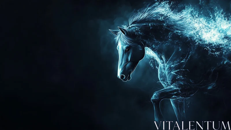 Ethereal blue spirit horse emerges from swirling darkness