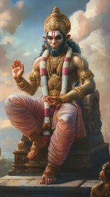 Deity-like figure sits on carved stone throne in cloudy sky