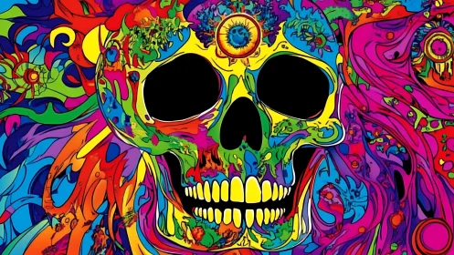Color-splashed skull swirling in joyful psychedelic chaos.