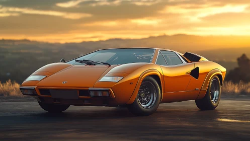 Low-angle sunset study of orange classic wedge-profile supercar