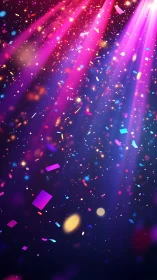Vibrant neon confetti falls through radiant stage lights.