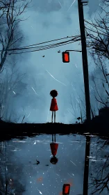 Solitary child under red signal rendered in moody digital minimalism