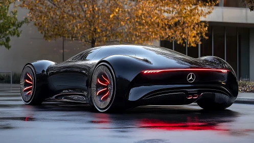 Futuristic black Mercedes concept car with glowing red lights.