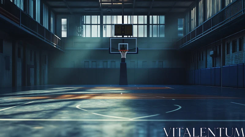 Empty indoor basketball court shows central hoop and floor lines