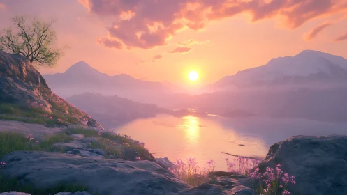 Sunset over tranquil mountain lake with rocky flowered shore.