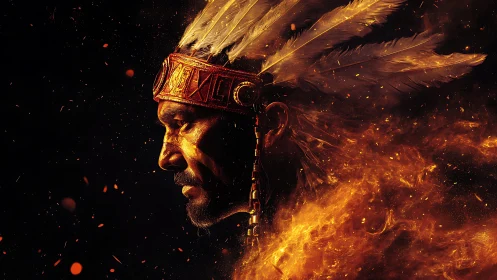 Flaming warrior portrait merges feathered headdress and embers