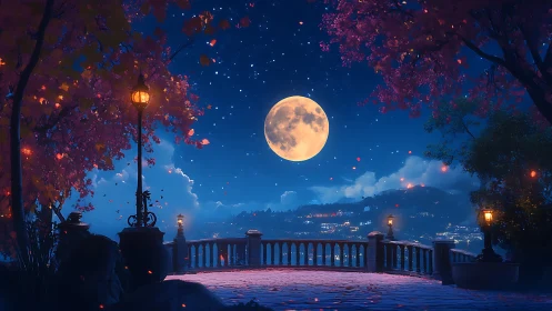 Moonlit terrace with autumn trees and distant town lights.