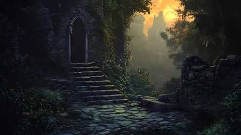 Stone stairway leads to dark doorway in overgrown ruins