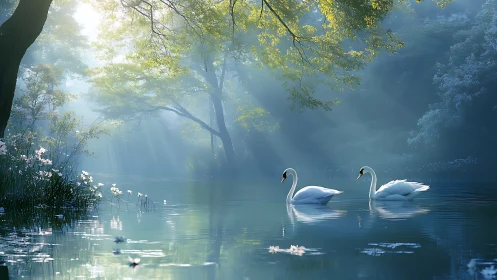 Photorealistic swan duet on misted woodland lake at dawn.