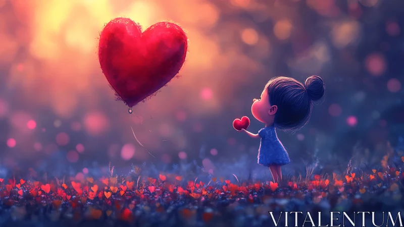 Child holding heart balloon in dreamlike landscape.