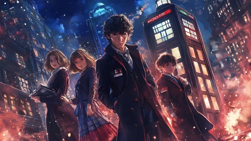 Teen sleuths confront burning city beside crimson callbox.