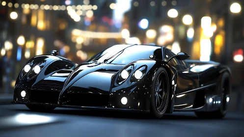 Midnight supercar glides through neon-splashed city haze