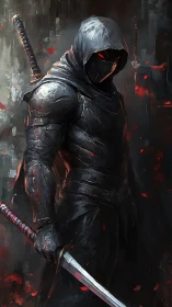 Shadowed rogue stands ready with glowing red gaze.