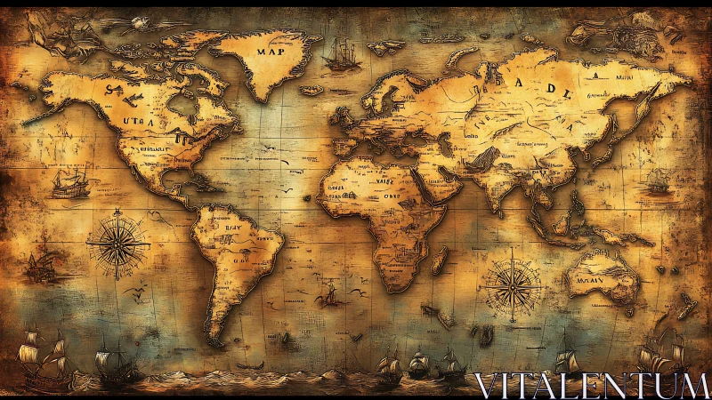 Weathered fantasy world map with ornate nautical detail.