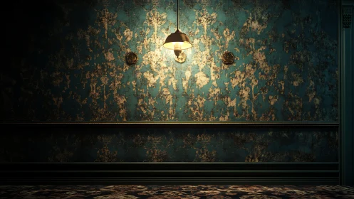 Oxidized teal wall under pendant lamp, cinematic decay study.
