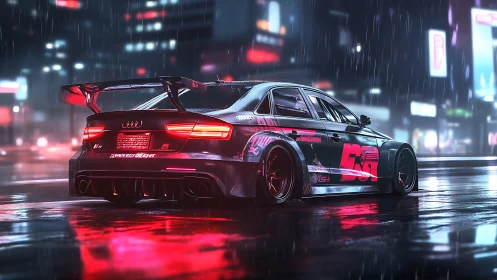Neon-soaked tuner sedan in rainy cyberpunk city streets.