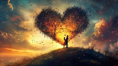 Silhouetted couple beneath heart-shaped fire tree at golden hour