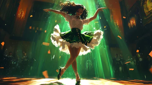 Joyful dancer spins under glowing green stage lights