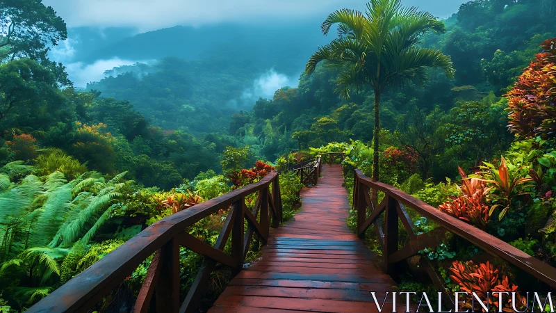 Misty rainforest boardwalk winding into emerald cloud dreams.