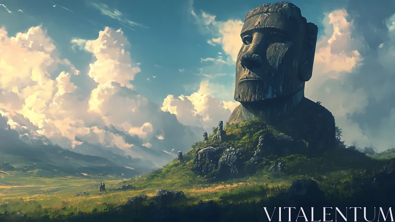 Stone head monument dominates grassy landscape under clouds