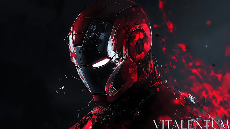 Crimson armored guardian lit by sparks in the shadows.