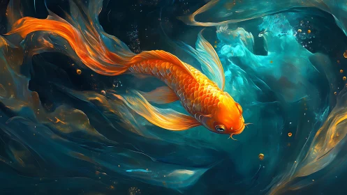 Orange koi fish in stylized swirling blue aquatic environment.