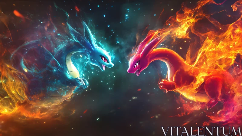 Elemental dragon duel ignites vivid blue and orange flames.