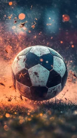 Photorealistic soccer impact with dynamic bokeh lighting.