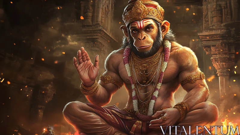 Regal monkey sage blessing flames in ancient temple glow.