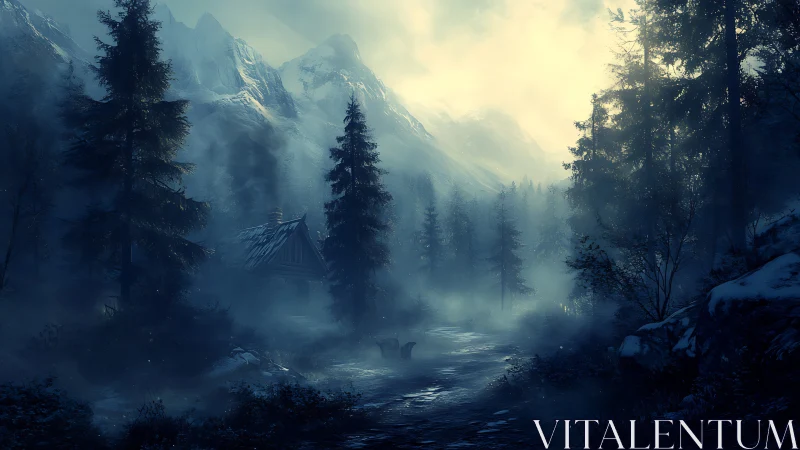 Misty alpine forest cabin under dawn light in winter.