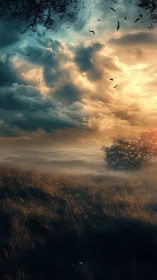 Dramatic volumetric sunset sky over misty field with birds in flight