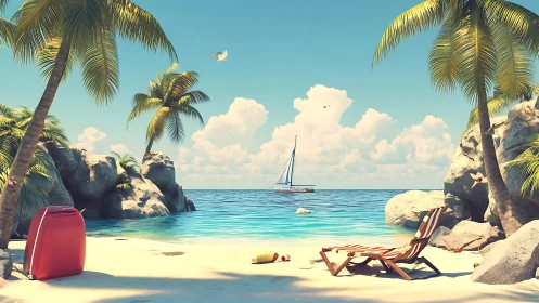 Tropical beach cove with sailboat and vacation gear