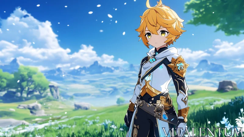 Golden haired anime adventurer in ornate armor, open meadow