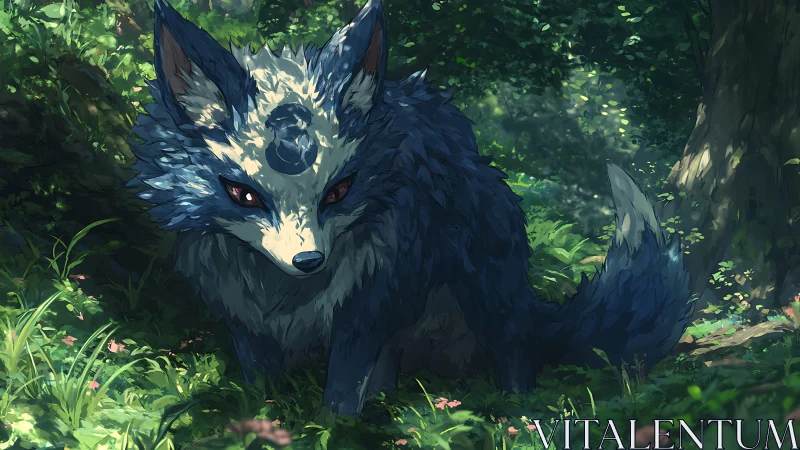 Bioluminescent forest wolf spirit with crescent marking resting