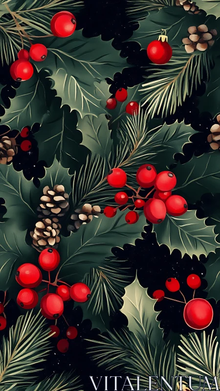 Festive holly, berries, and pine branches in cozy harmony.