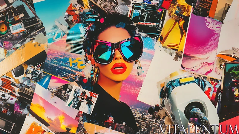 Bold pop art collage with woman in oversized sunglasses.