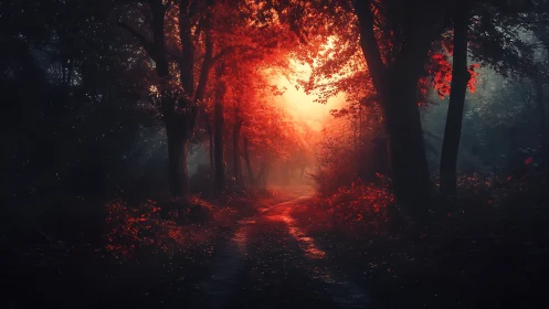 Forest path at dawn with atmospheric light penetration through canopy