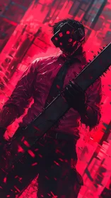 Neon-drenched chainsaw guardian in a crimson storm.
