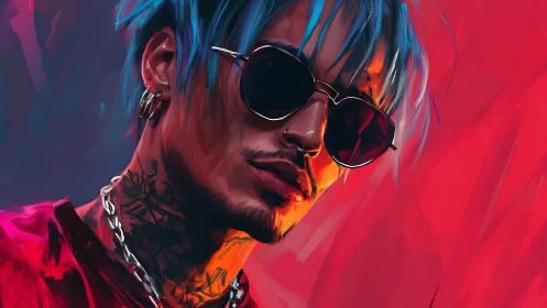 Neon-lit portrait of tattooed man with blue hair and shades