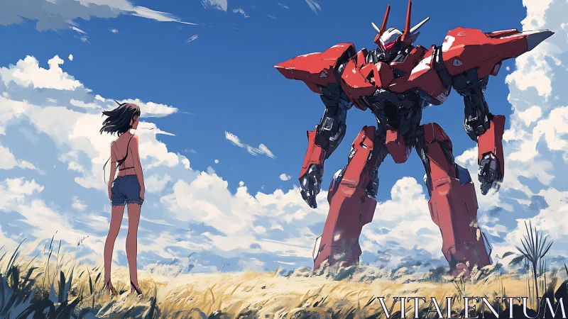 Girl confronting red mecha in bright open wheat field.