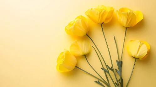 Six yellow flowers arranged against monochromatic pale background.