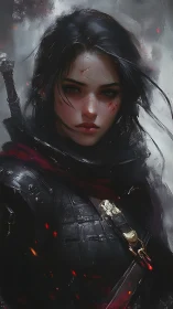 Battle-scarred warrior stands resolute amid drifting embers