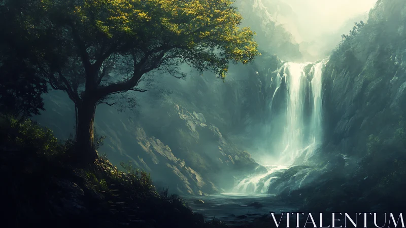 Misty Gorge Waterfall Beneath Ancient Tree.